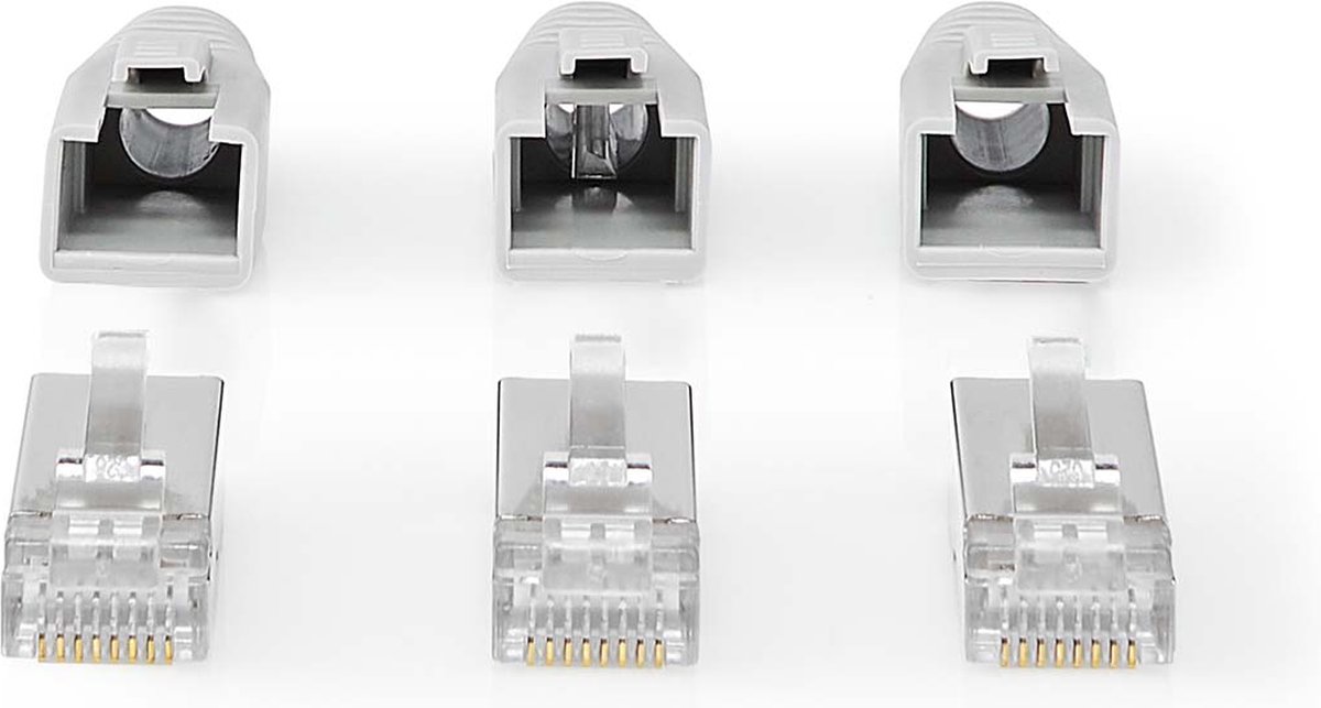 RJ45-Connector | RJ45 Pass Through | Stevig/Gesnoerd FTP CAT6a | Recht | Verguld | 10 Stuks | PVC | Grijs | Doos