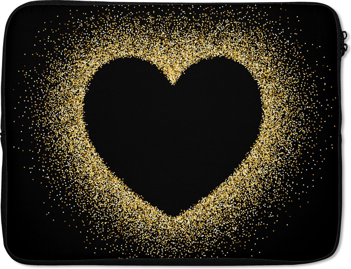 Laptophoes 15.6 inch - Gouden hart op een zwarte achtergrond - Laptop sleeve - Binnenmaat 37x26 cm - Zwarte achterkant