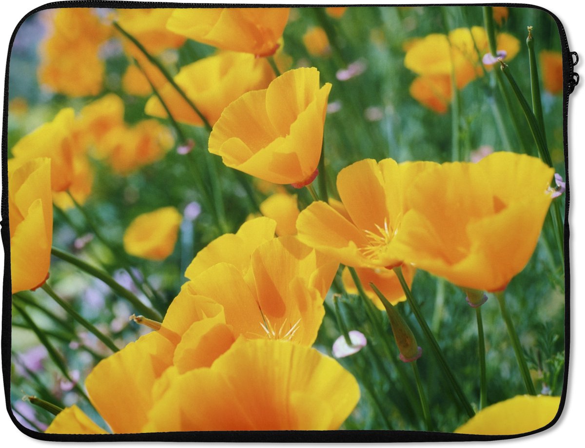 Laptophoes 15.6 inch - Bloemen - Tuin - Oranje - Laptop sleeve - Binnenmaat 37x26 cm - Zwarte achterkant