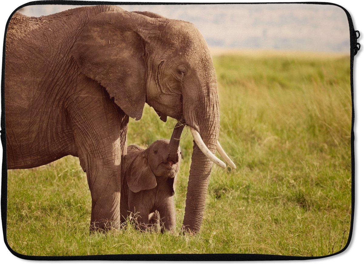 Laptophoes 13 inch 34x24 cm - Dierenfamilies - Macbook & Laptop sleeve Liefdevolle babyolifant met moeder - Laptop hoes met foto