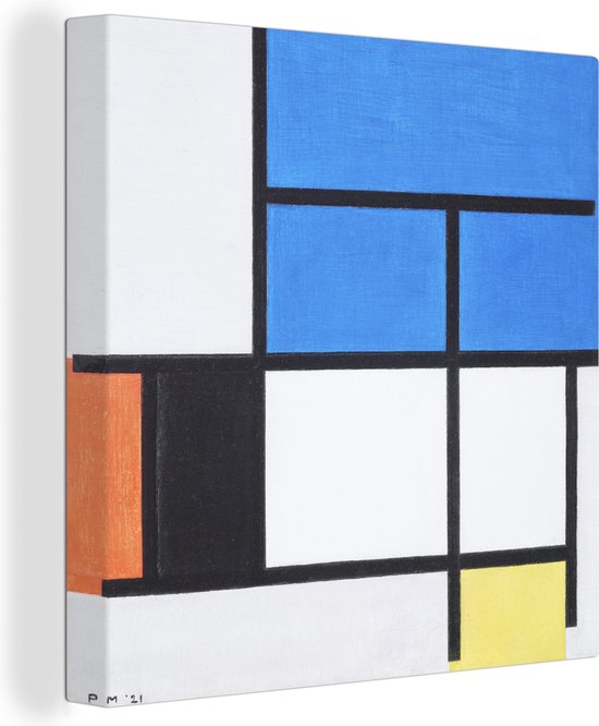 Canvas Schilderij Compositie met blauw, rood, zwart, geel en grijs - Piet Mondriaan - 90x90 cm - Wanddecoratie