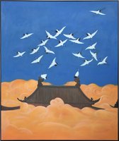 Fine Asianliving Olieverf Schilderij 100% Handgeschilderd 3D met Reliëf Effect en Zwarte Omlijsting 150x180cm Vliegende Japanse Kraanvogels