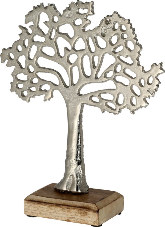 Decoratie levensboom van aluminium op houten voet 30 cm zilver - Tree of life