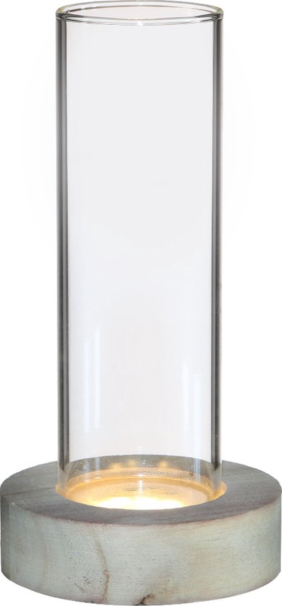 Glazen cilinder met LED in houten basis 18cm hoog (1 st.)