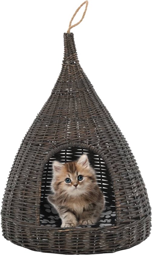 Decoways - Kattenhuis met kussen tipi 40x60 cm natuurlijk wilgen grijs