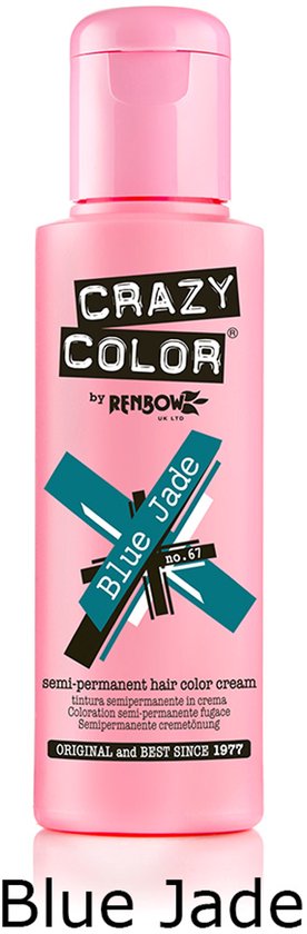 Roze fles Crazy Color haarverf met het label 'Blue Jade' en de tekst 'Blue Jade' eronder.