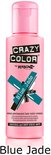 Roze fles Crazy Color haarverf met het label 'Blue Jade' en de tekst 'Blue Jade' eronder.
