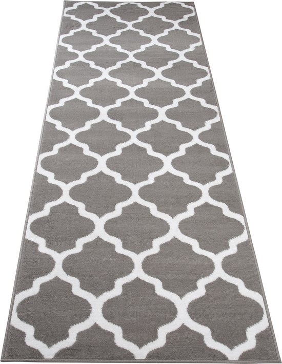 Tapiso Tapis de luxe Grijs marocain en treillis pour couloir, salon, taille 70 x 650