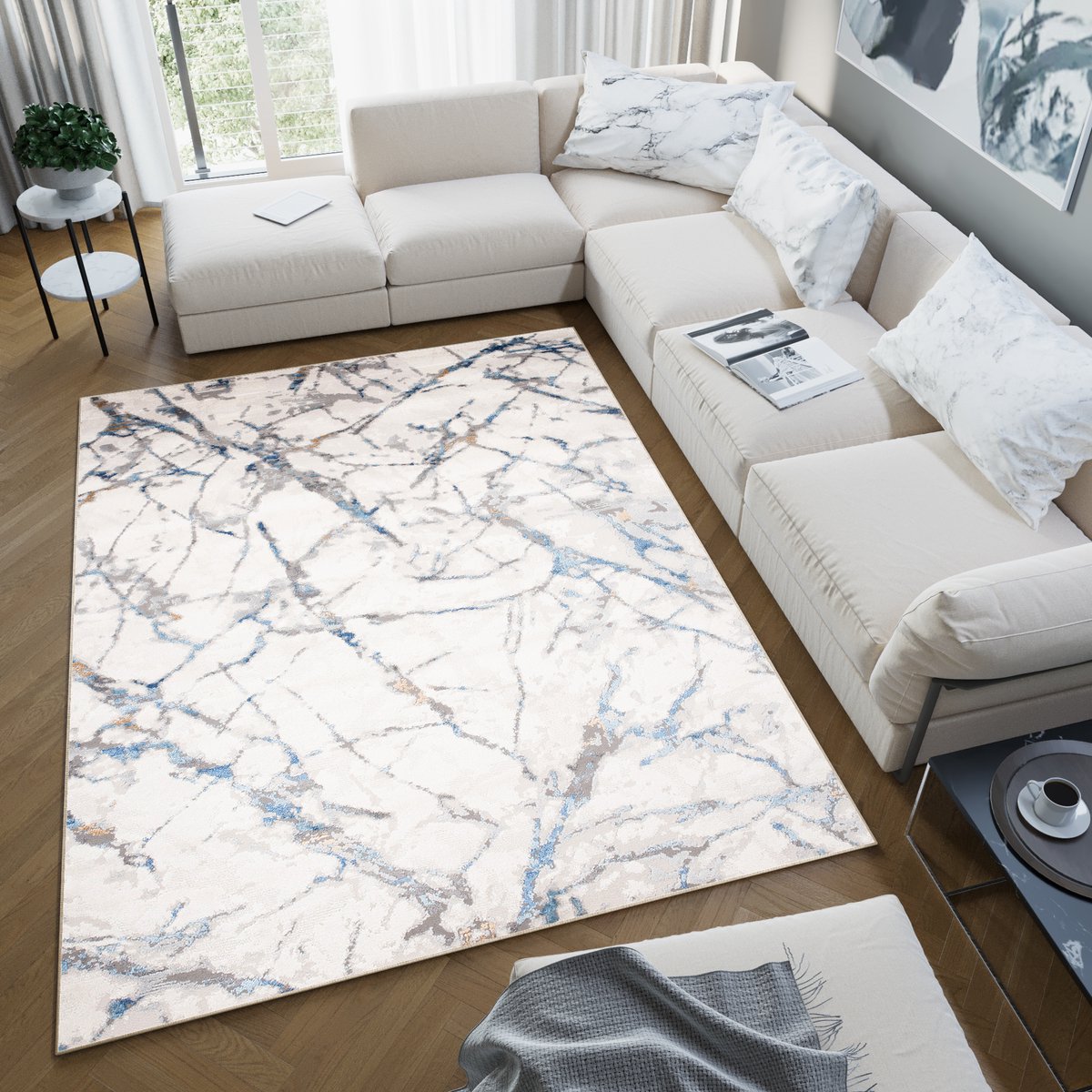 Tapiso Valley Vloerkleed Abstract Modern Tapijten Woonkamer Maat- 120x170 Lichtbeige Blauw