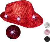 Relaxdays 1x pailetten hoed - feesthoed - rode partyhoed LED - fedora hoed - glitters