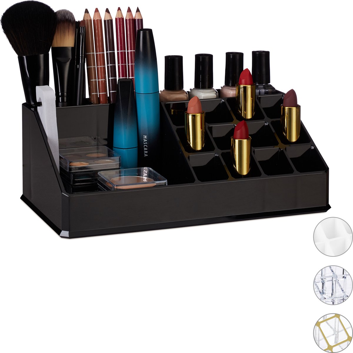 Relaxdays Cosmetica organizer - cosmeticahouder - make up toren - doorzichtig - 16 vakken - zwart - Relaxdays