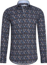 Heren overhemd Lange mouwen - MarshallDenim - bloemenprint donkerblauw- Slim fit met stretch - maat XL