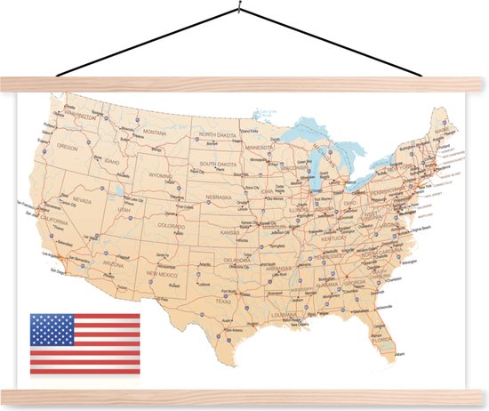 Posterhanger incl. Poster - Schoolplaat - Gedetailleerde landkaart Amerika - 150x100 cm - Blanke latten