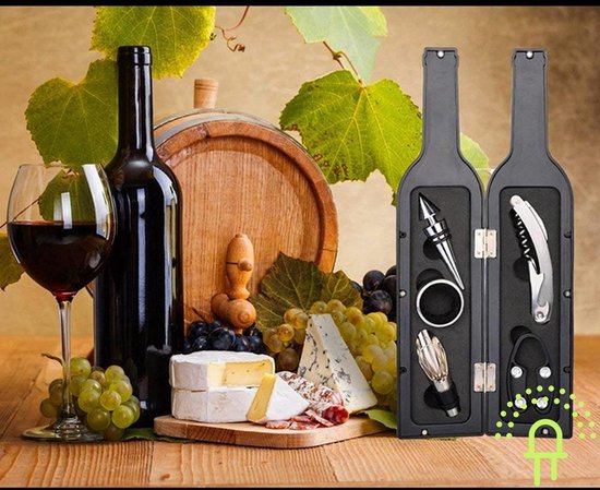 Lilaled Luxe Wijn accessoire set voor de fijnproever in Luxe geschenk verpakking. Met Kelner mes, Folie snijder, Luxe Dop, Schenk Trechter,  Flessenring (wijndruppelvanger), cadeau geven