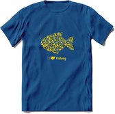 I Love Fishing - Vissen T-Shirt | Geel | Grappig Verjaardag Vis Hobby Cadeau Shirt | Dames - Heren - Unisex | Tshirt Hengelsport Kleding Kado - Donker Blauw - M