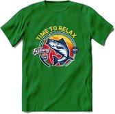 Time To Relax - Vissen T-Shirt | Grappig Verjaardag Vis Hobby Cadeau Shirt | Dames - Heren - Unisex | Tshirt Hengelsport Kleding Kado - Donker Groen - 3XL