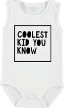 Baby Rompertje met tekst 'Coolest kid you know' | mouwloos l | wit zwart | maat 50/56 | cadeau | Kraamcadeau | Kraamkado