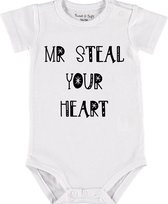 Baby Rompertje met tekst 'Mr steal youre heart' |Korte mouw l | wit zwart | maat 50/56 | cadeau | Kraamcadeau | Kraamkado