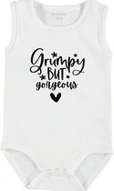 Baby Rompertje met tekst 'Grumpy but gorgeous' | mouwloos l | wit zwart | maat 62/68 | cadeau | Kraamcadeau | Kraamkado