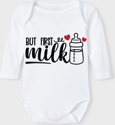 Baby Rompertje met tekst 'But first milk' |Lange mouw l | wit zwart | maat 50/56 | cadeau | Kraamcadeau | Kraamkado