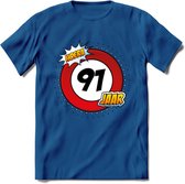 91 Jaar Hoera Verkeersbord T-Shirt | Grappig Verjaardag Cadeau | Dames - Heren | - Donker Blauw - L