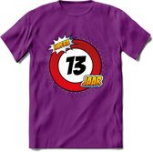 13 Jaar Hoera Verkeersbord T-Shirt | Grappig Verjaardag Cadeau | Dames - Heren | - Paars - L