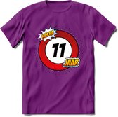 11 Jaar Hoera Verkeersbord T-Shirt | Grappig Verjaardag Cadeau | Dames - Heren | - Paars - M