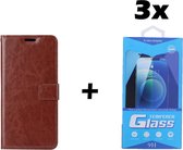 Samsung Galaxy A22 4G Telefoonhoesje - Bookcase - Ruimte voor 3 pasjes - Kunstleer - met 3x Tempered Screenprotector - SAFRANT1 - Donkerbruin