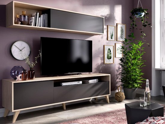 Tv-wand ALBORA - met opbergruimte - Kleur: antraciet & eiken L 180 cm x H 180 cm x D 41 cm