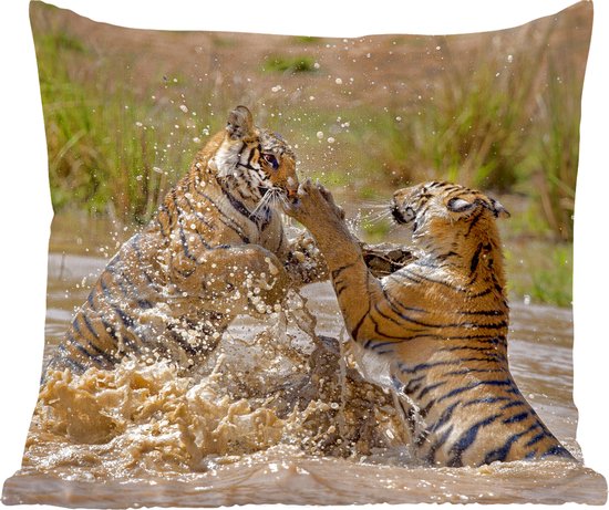 Sierkussens - Kussentjes Woonkamer - 60x60 cm - Jonge tijgers spelend in het water