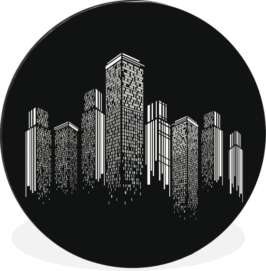 WallCircle - Wandcirkel - Muurcirkel - Een zwart-wit illustratie van een skyline - Aluminium - Dibond - ⌀ 30 cm - Binnen en Buiten