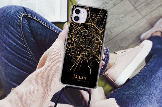 Telefoonkoord - Telefoonketting - Telefoonhoesje Geschikt voor iPhone 11 - Milaan - Kaart - Goud - Siliconen - Crossbody - Telefoonhoesje met koord
