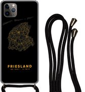 Hoesje met koord Geschikt voor iPhone 11 Pro - Friesland - Kaart - Goud - Zwart - Siliconen - Crossbody - Backcover met Koord - Telefoonhoesje met koord - Hoesje met touw