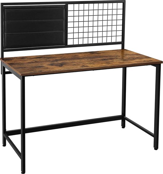 computertafel, bureau, met raster en opbergvakken van stof, stalen frame, 118 cm lang, industrieel ontwerp, vintage bruin-zwart LWD068B01