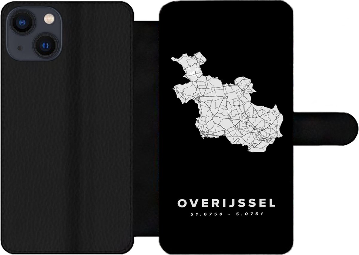 Telefoonhoesje Geschikt voor iPhone 13 telefoonhoesje - Overijssel - Wegenkaart Nederland - Zwart - Met vakjes - Wallet case met magneetsluiting