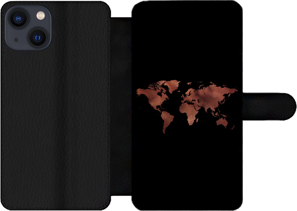 Telefoonhoesje Geschikt voor iPhone 13 telefoonhoesje - Wereldkaart - Leer - Zwart - Met vakjes - Wallet case met magneetsluiting