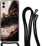 Coque avec cordon iPhone 12 Mini - Natuursteen - Goud - Zwart - Siliconen - Bandoulière - Coque arrière avec cordon - Coque pour téléphone avec cordon - Coque avec corde