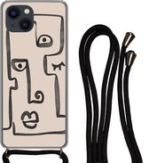 Hoesje met koord Geschikt voor iPhone 13 Mini - Oog - Lippen - Line art - Siliconen - Crossbody - Backcover met Koord - Telefoonhoesje met koord - Hoesje met touw