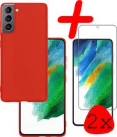 Samsung Galaxy S21 FE Hoesje Siliconen Met 2x Screenprotector - Samsung Galaxy S21 FE Case Hoes Met 2x Screenprotector - Rood