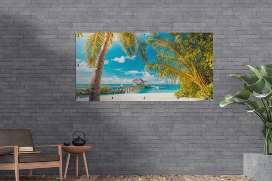 Affiche pour clôture Plage - Palmier - Mer - 200x100 cm - Toile de jardin