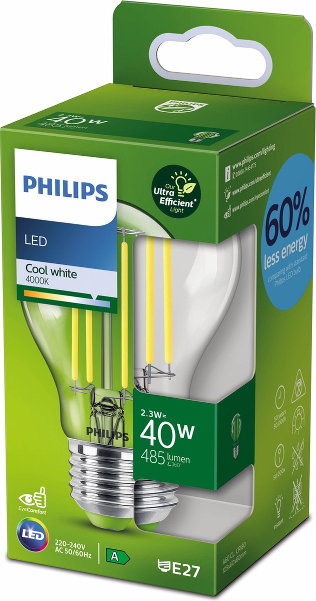 Philips ampoule LED classe A, 60W, 4000K Blanc froid, transparente