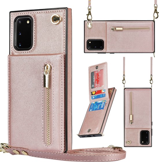 Foto: Geschikt voor samsung galaxy s20 fe hoesje met koord solidenz portemonnee hoes s20 fe telefoonhoesje met koord s20 fe wallet case cover hoes met koordje s20fe rosegoud