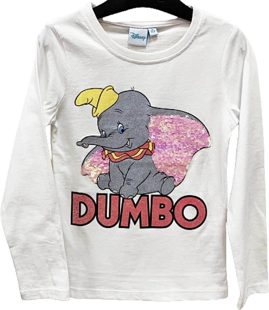Disney Dombo Shirt - Lange mouw - met pailletten en glitterprint - Wit - Maat 116/122 (7)