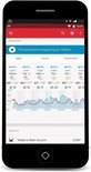 Smartphone met weersvoorspelling op het scherm: onweer, dagelijkse en uurlijkse temperaturen en regenaccumulatie.