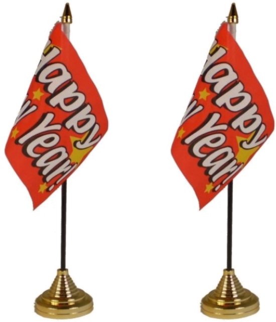 2x drapeaux de table Happy New Year / Happy New Year 10 x 15 cm avec support