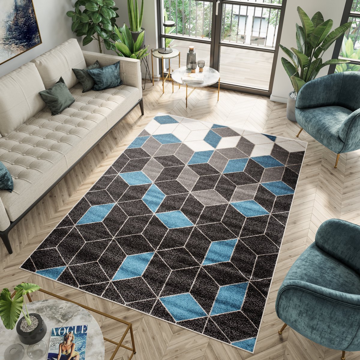 Tapiso Fiesta Vloerkleed Blauw Woonkamer 3D Tapijt Maat- 200x300
