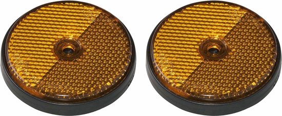 Twee ronde oranje reflectoren met zwarte rand, op witte achtergrond.