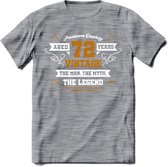 72 Jaar Legend T-Shirt | Goud - Wit | Grappig Verjaardag en Feest Cadeau Shirt | Dames - Heren - Unisex | Tshirt Kleding Kado | - Donker Grijs - Gemaleerd - XXL