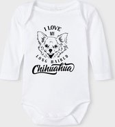 Baby Rompertje met tekst 'Long haired Chihuahua' |Lange mouw l | wit zwart | maat 50/56 | cadeau | Kraamcadeau | Kraamkado