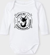Baby Rompertje met tekst 'Australian cattledog' | lange mouwl | wit zwart | maat 50/56 | cadeau | Kraamcadeau | Kraamkado